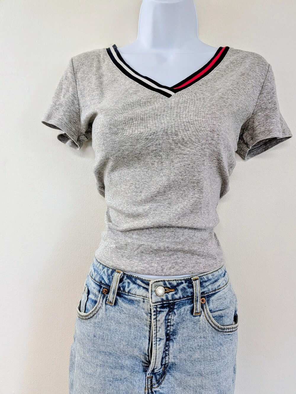 Retro Tommy Hilfiger Heather Gray Woman's V-Neck Tee with Logo Trim